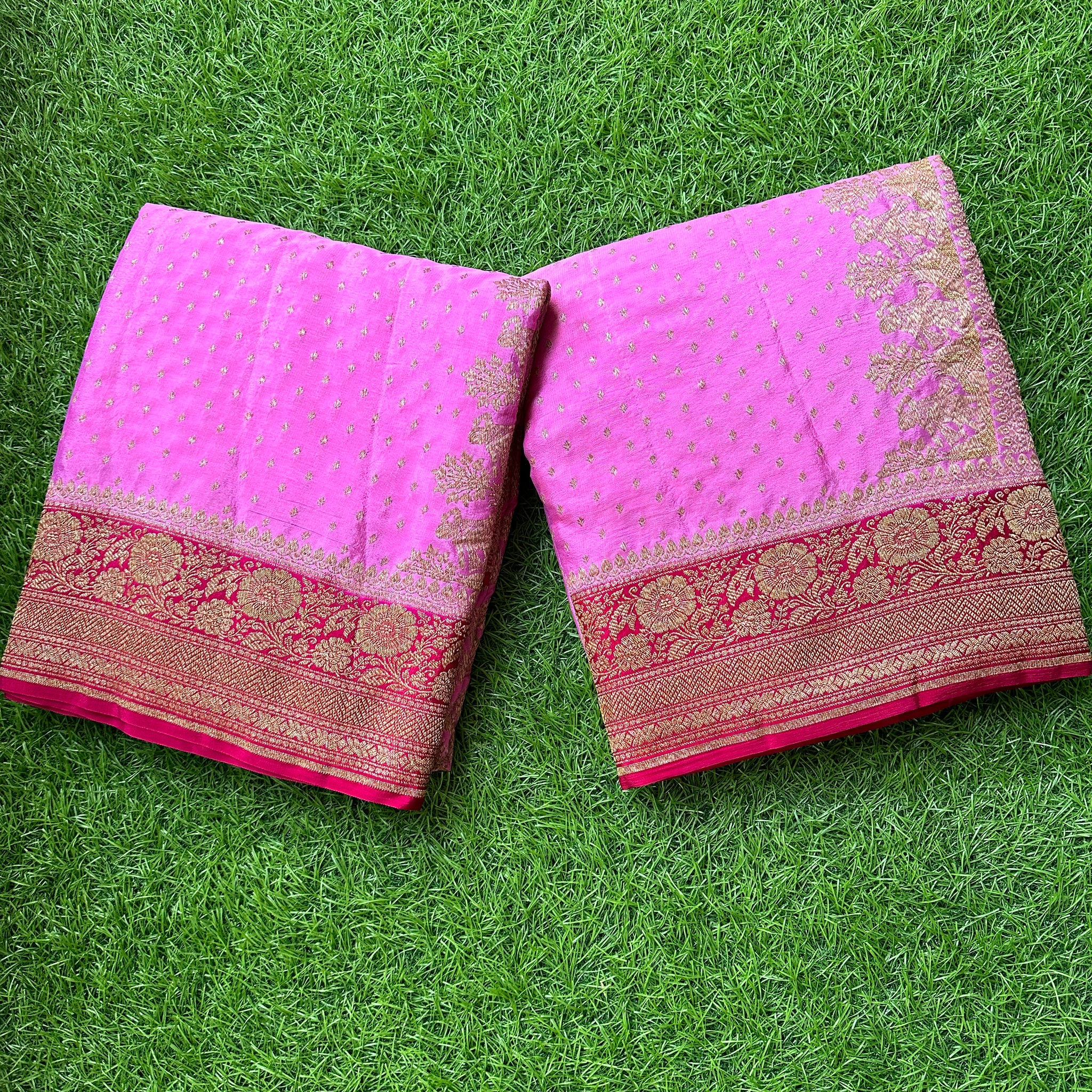 Baby pink and rani pink,pure crepe Banaras sarees.