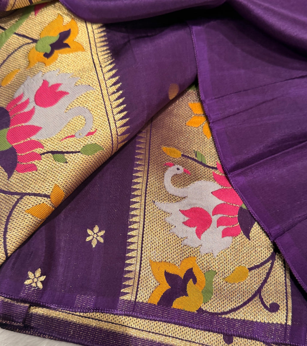 Purple pure paithani swan & peacock border saree