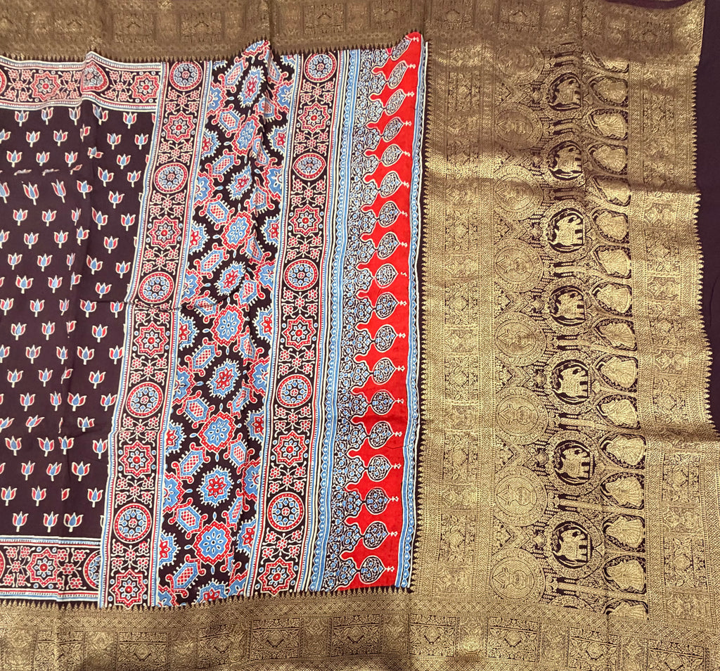 Dark brown small butta Kanchi border pure Ajrak dola sarees