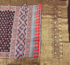 Dark brown small butta Kanchi border pure Ajrak dola sarees