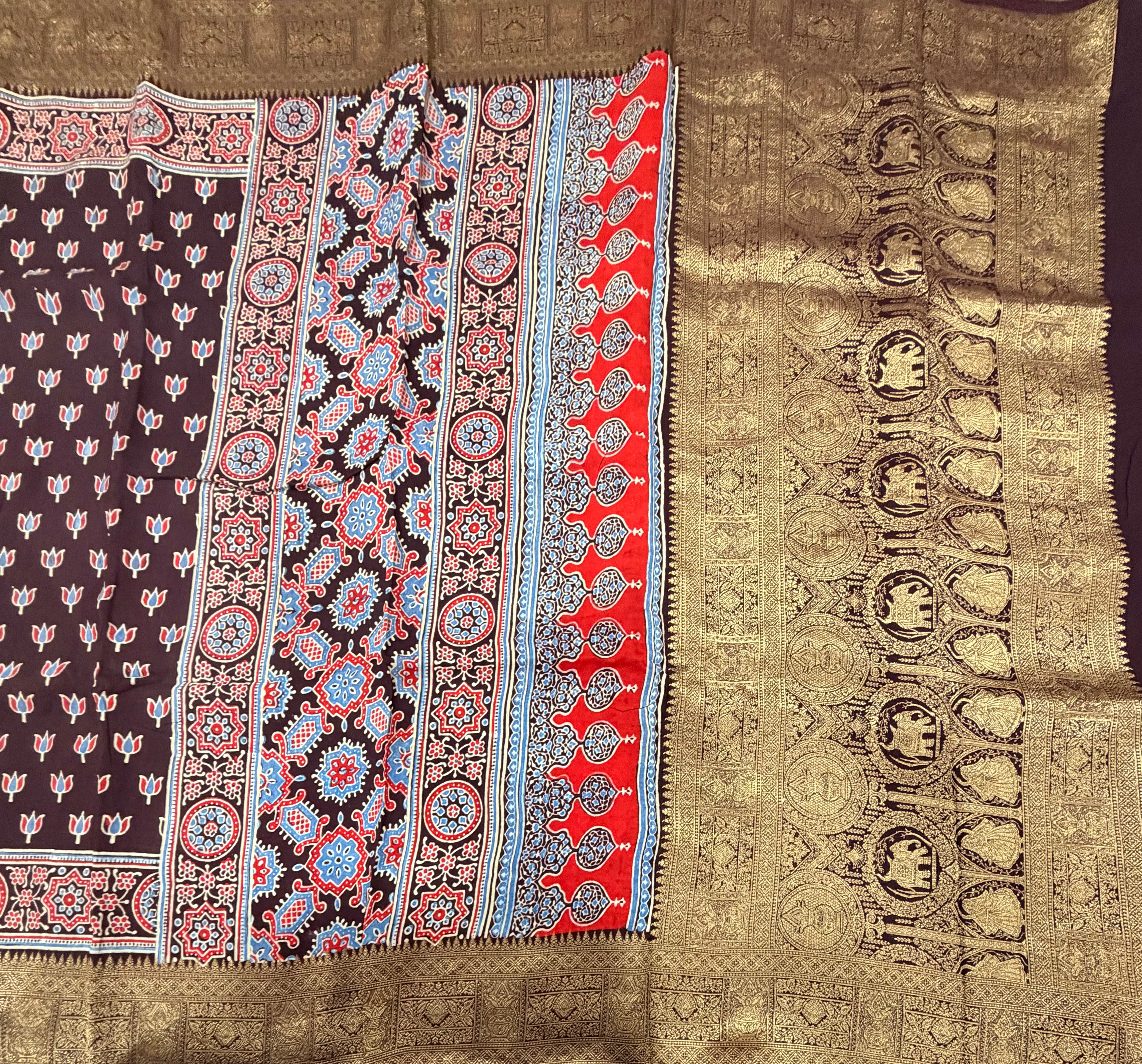Dark brown small butta Kanchi border pure Ajrak dola sarees