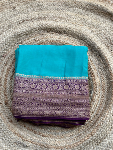 Sky blue with purple pure crepe Banaras saree with Jaal blouse