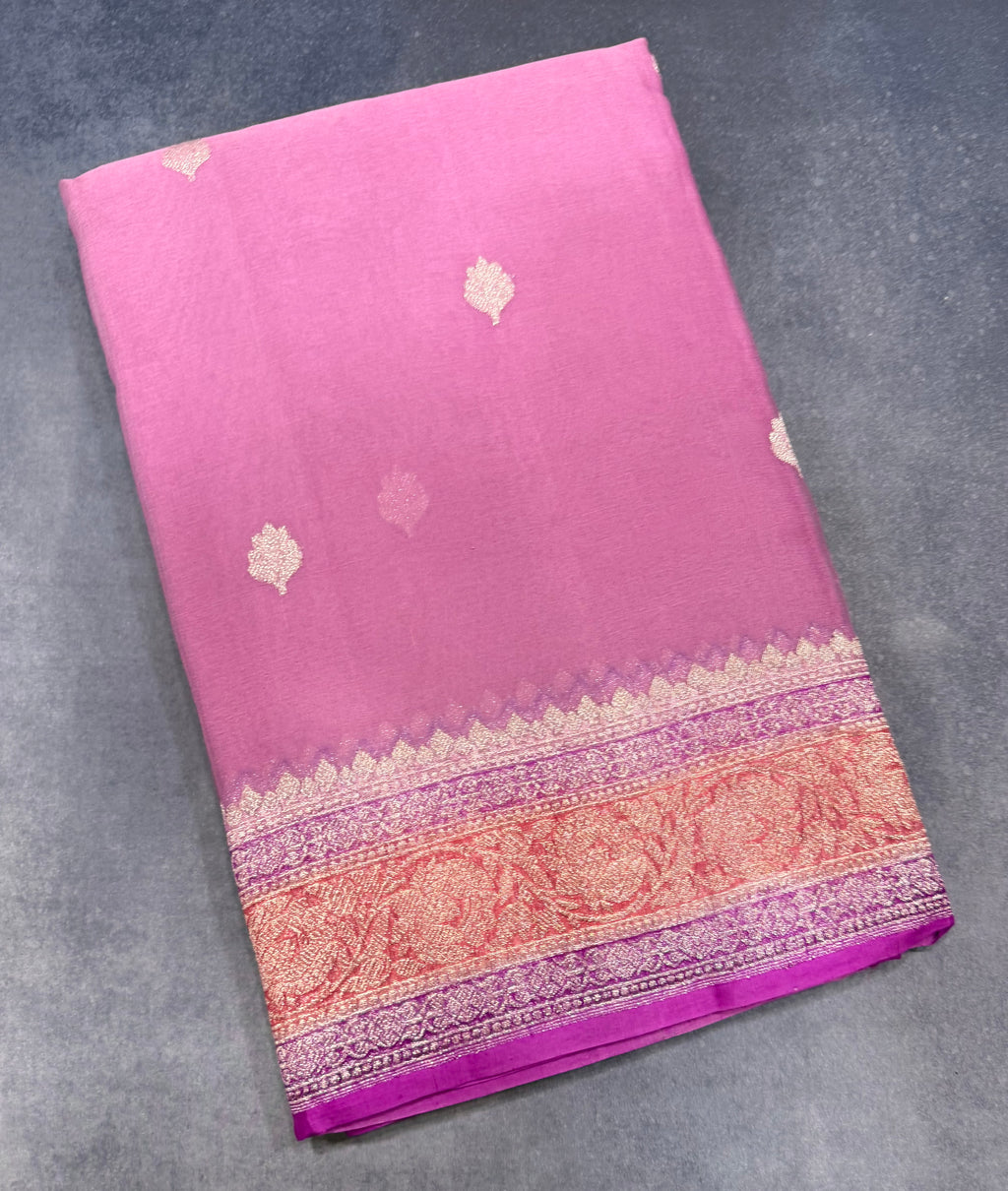 Pink 3D Banarasi pure khadi chiffon saree sliver zari saree