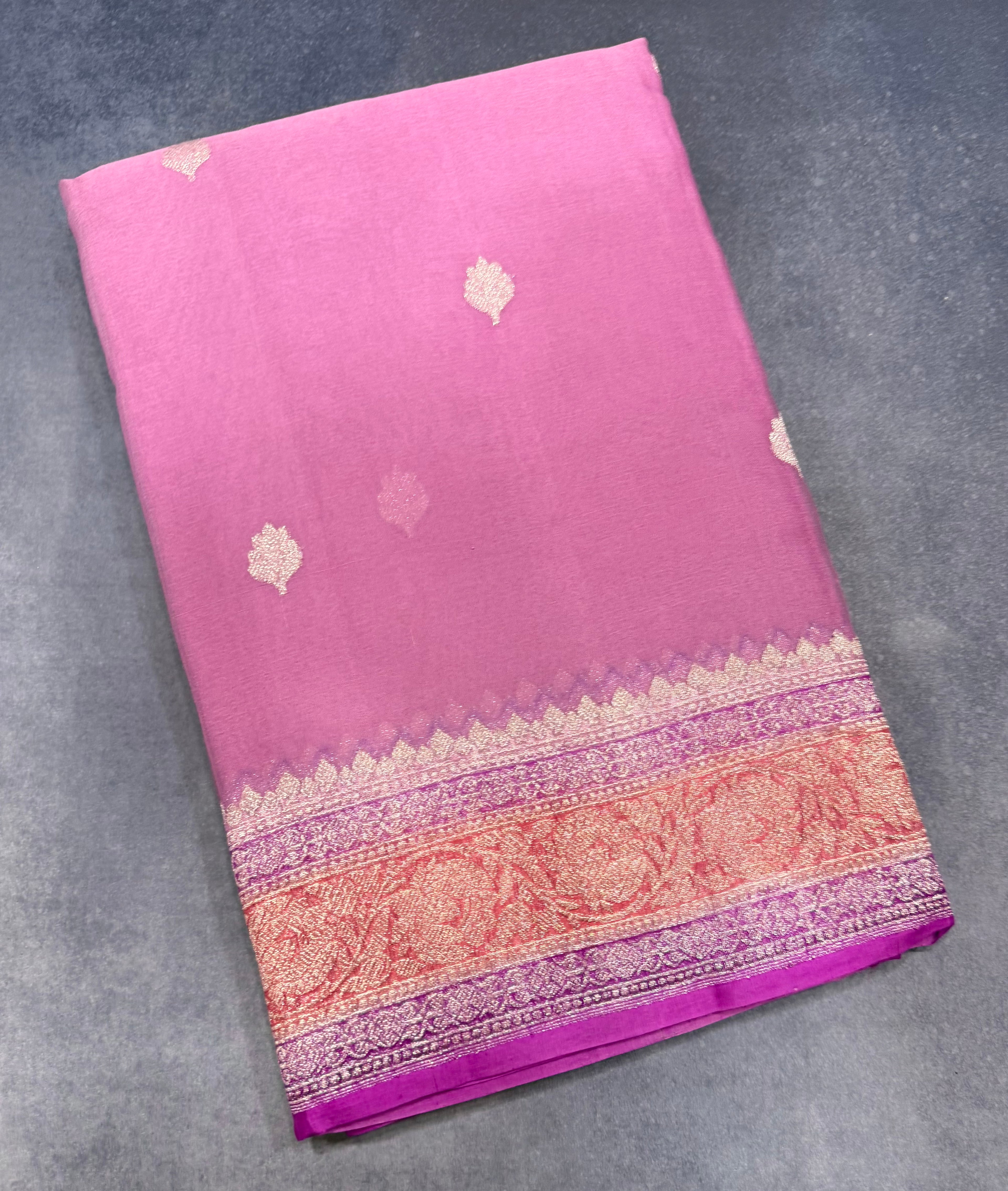 Pink 3D Banarasi pure khadi chiffon saree sliver zari saree