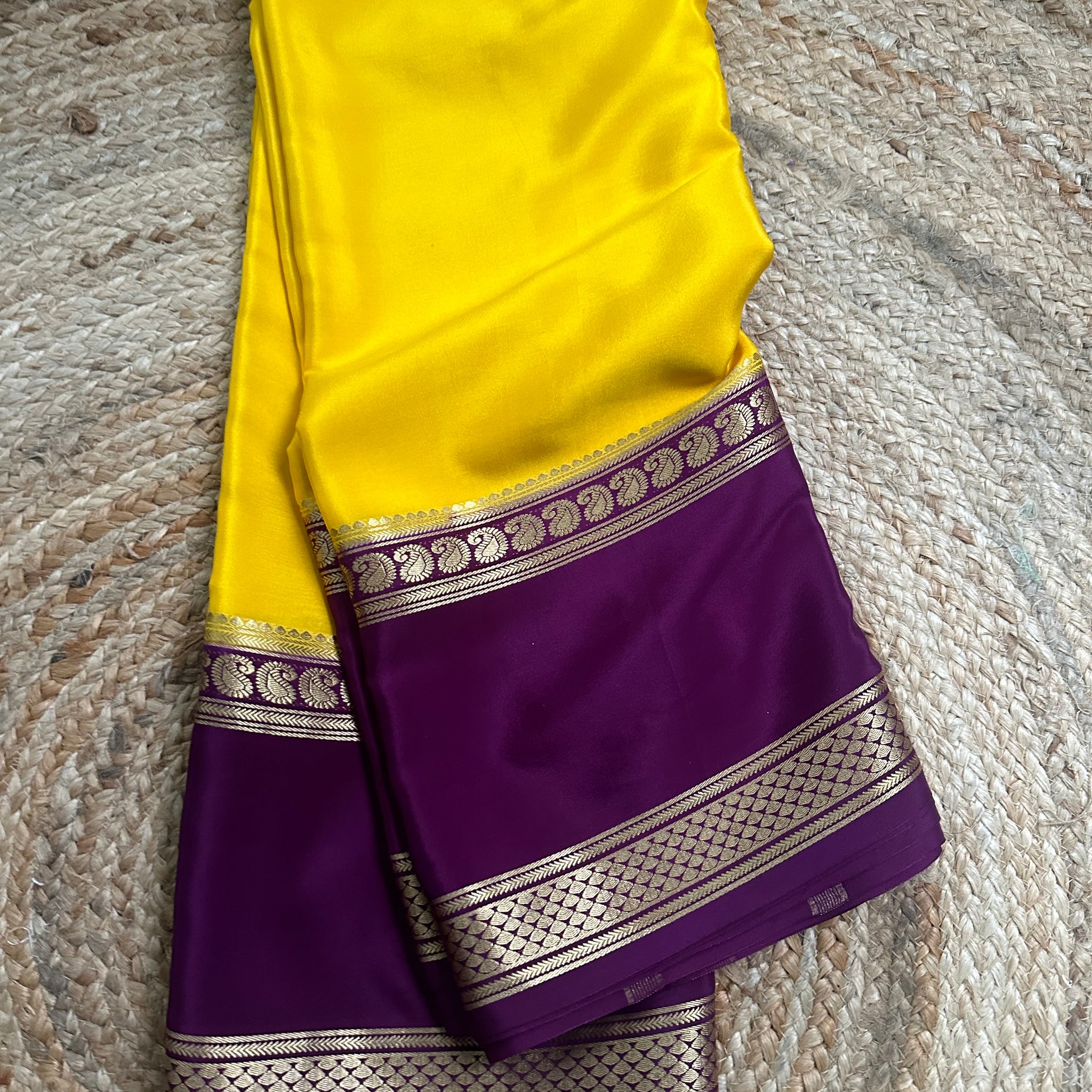Yellow and mejentha pure crepe Banaras 120 gsm.
