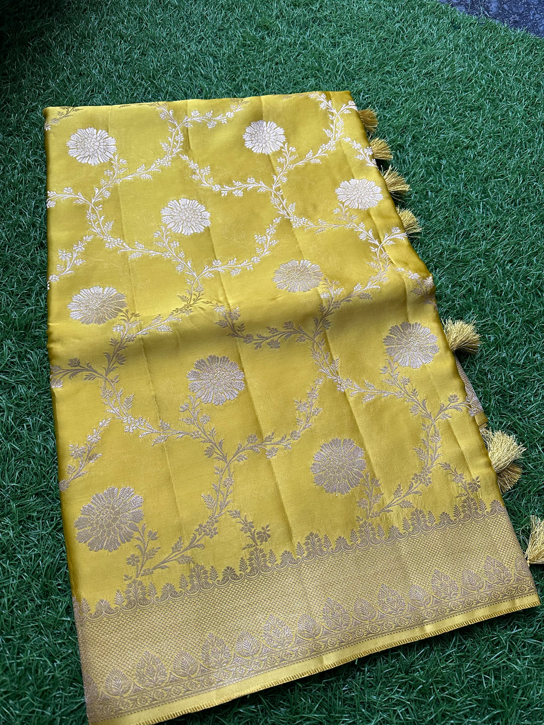 Golden mustard jaal pure satin silk saree.