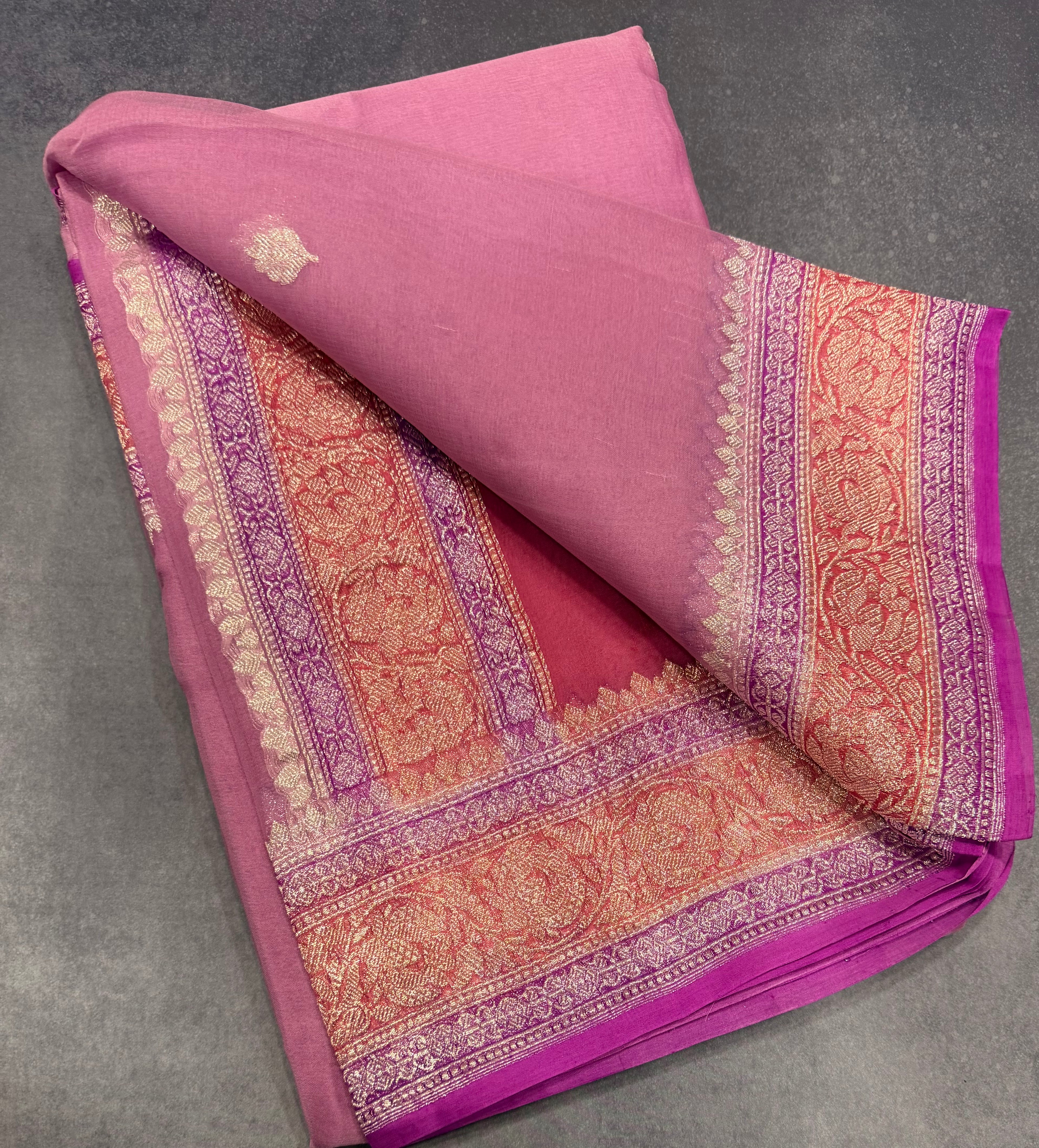 Pink 3D Banarasi pure khadi chiffon saree sliver zari saree