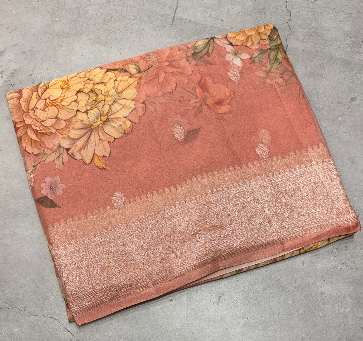 Pastel pink digital print Banarasi pure tissue chiffon saree sliver zari saree