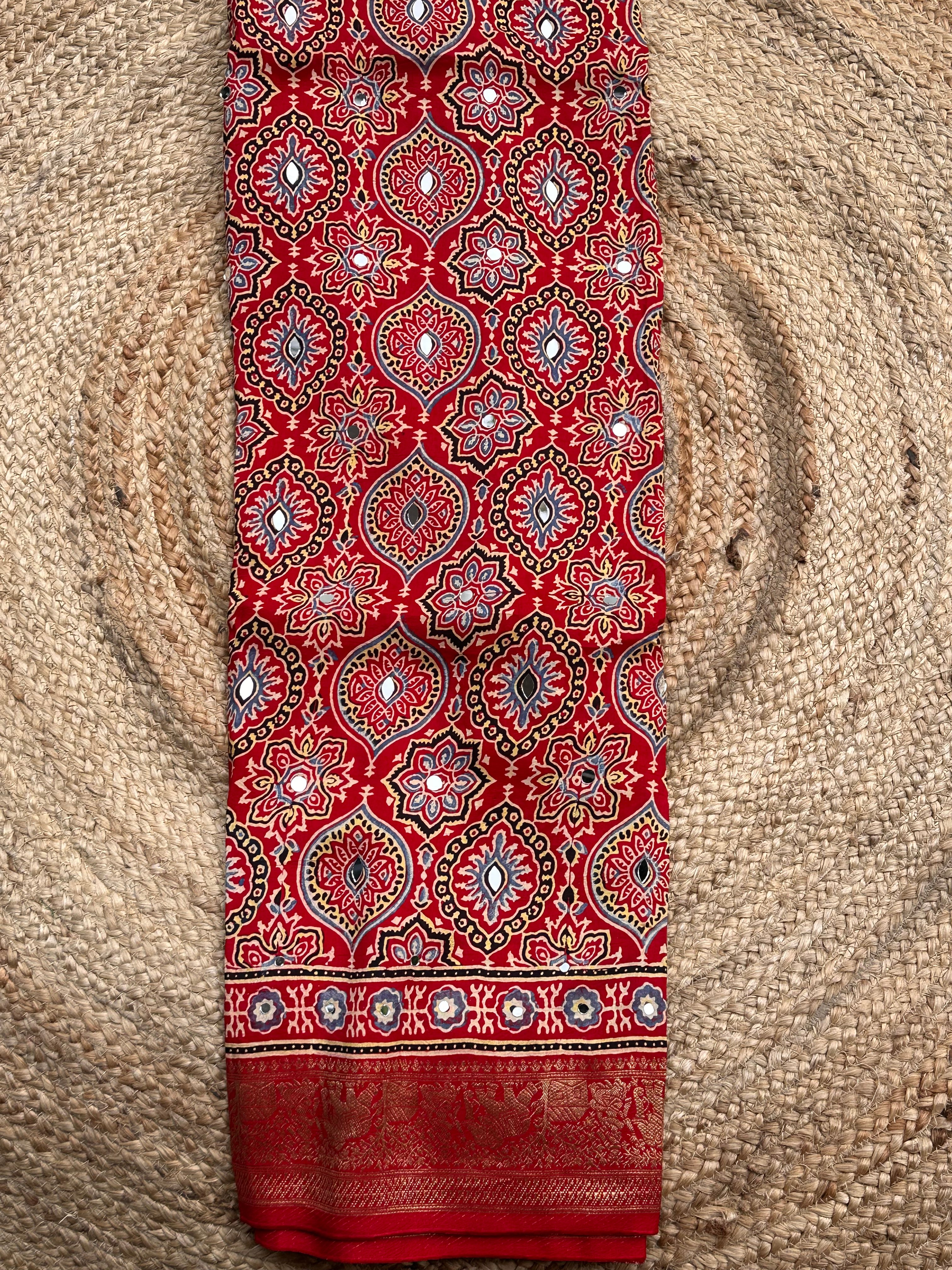 Red Ajrak dola mirror work with premium zari