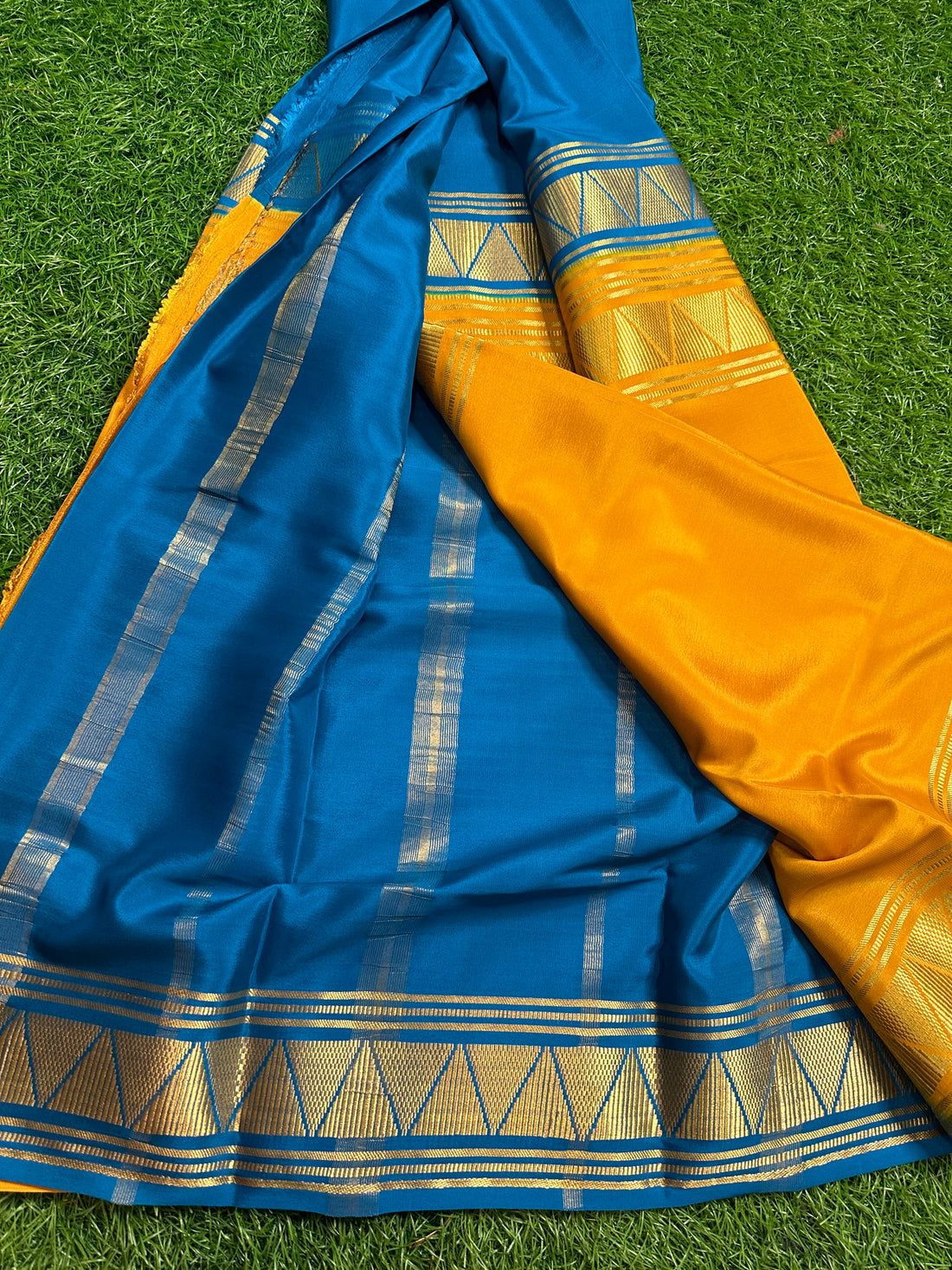 Yellow and blue half and half Mysore Silk sarees 120Gsm