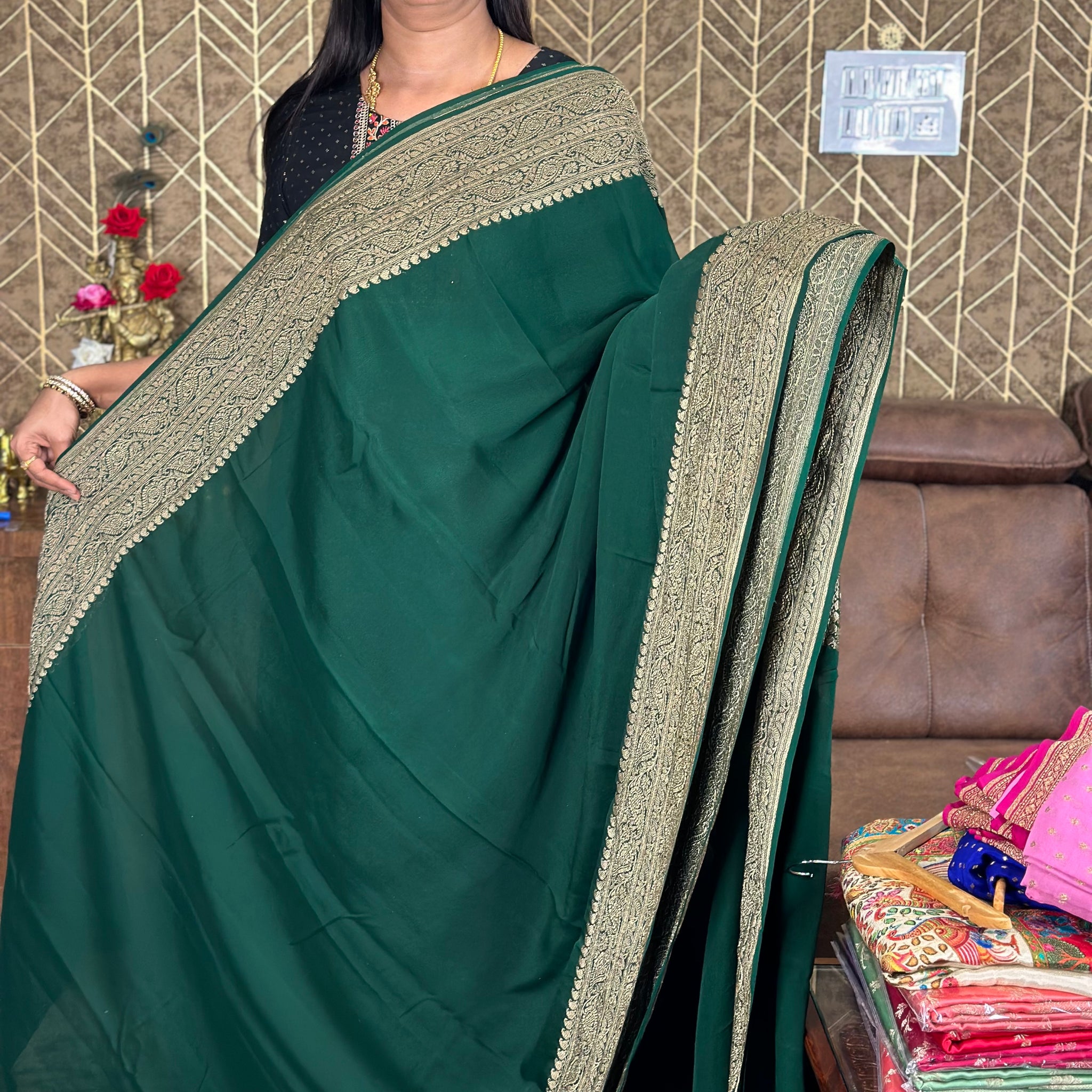 Green pure khaddi Georgette sareee