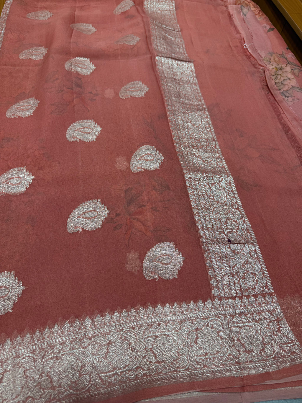 Peach digital print Banarasi pure tissue chiffon saree sliver zari saree