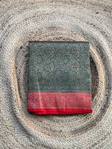 Green with red pure crepe brocade banaras sarees
