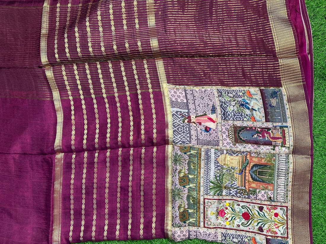 Maroon semi crepe digital kalamkari horizontal stripes