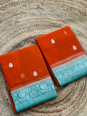 Orange and green pure khaddi chiffon silver zari woven