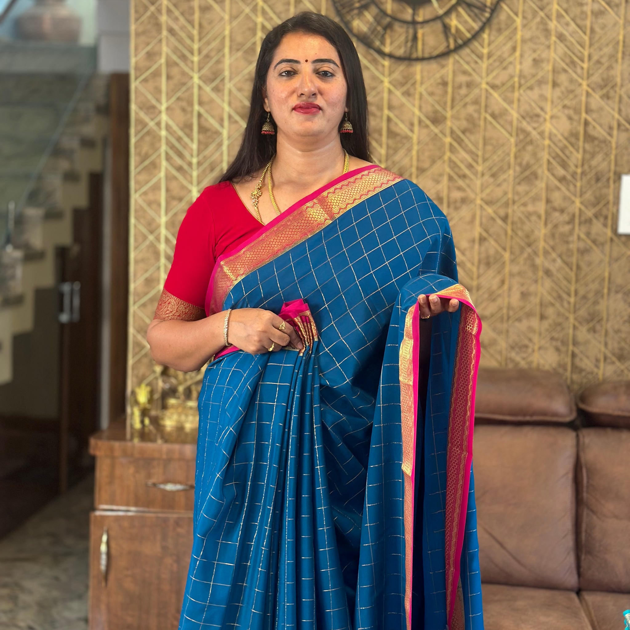 Peacock blue with pink pure crepe Mysore Silk sarees. 120 gsm
