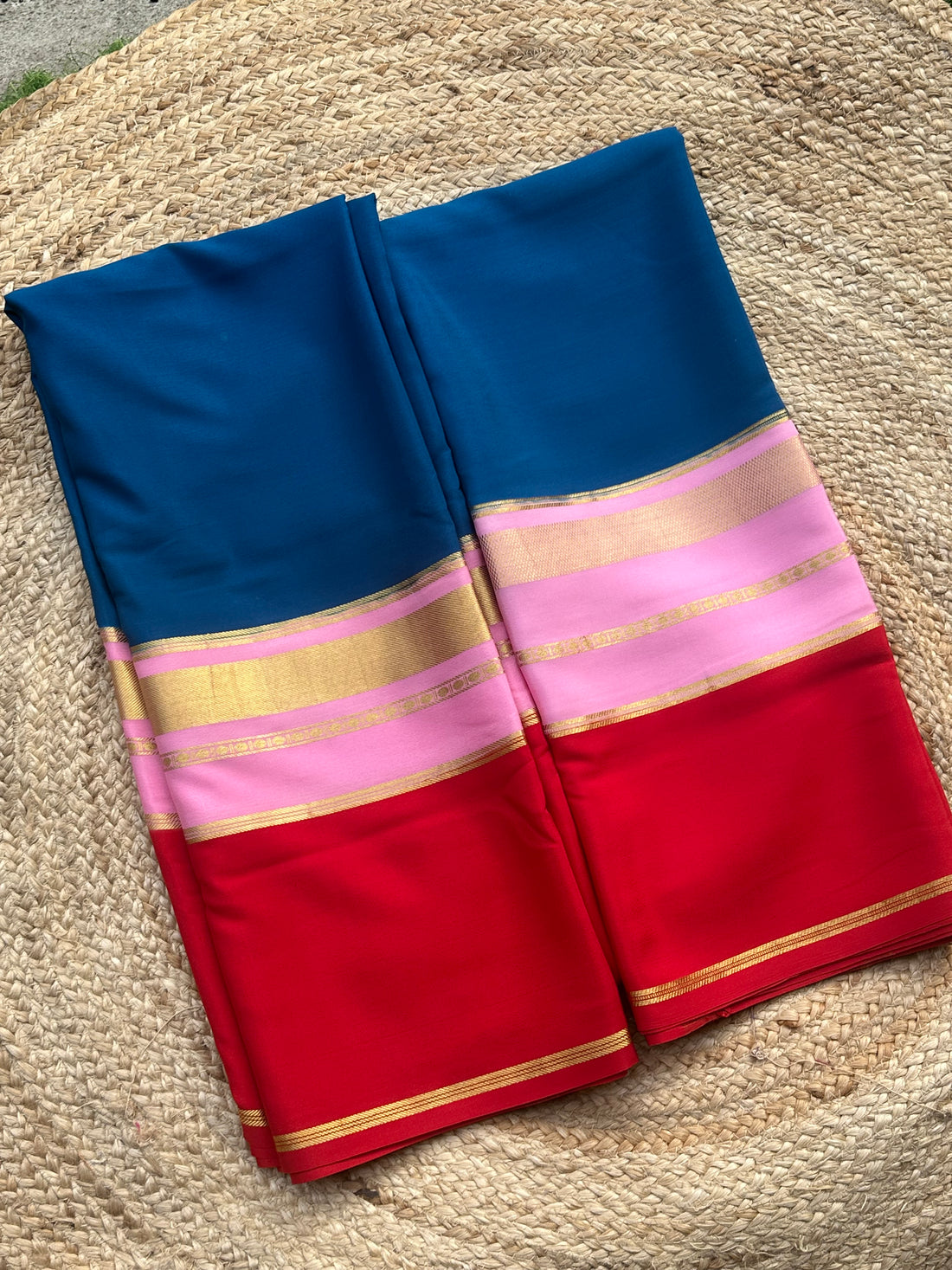 Peacock blue pink and red 3D pure crepe Mysore Silk sarees