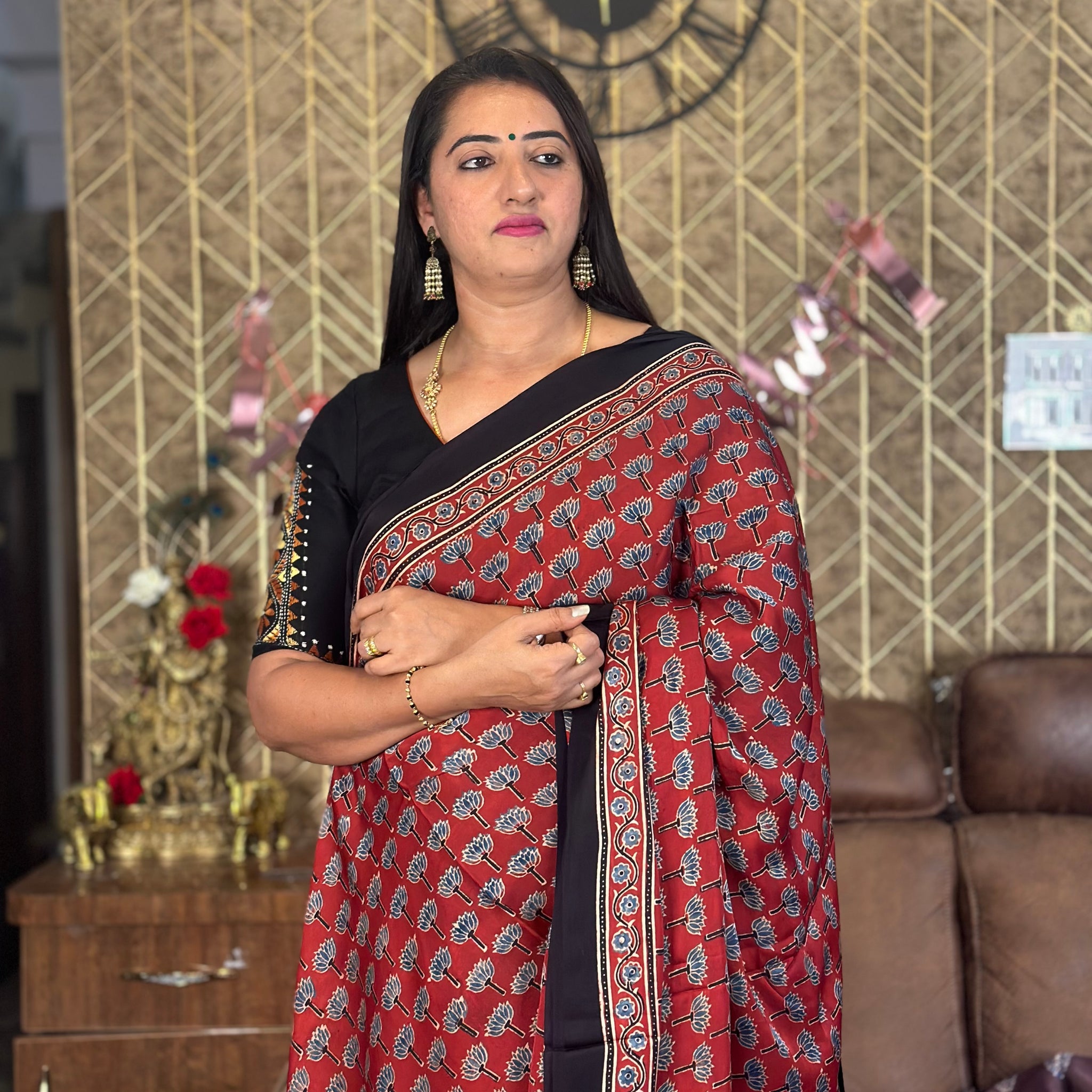 Red and black Ajrak pure modal silk sarees.