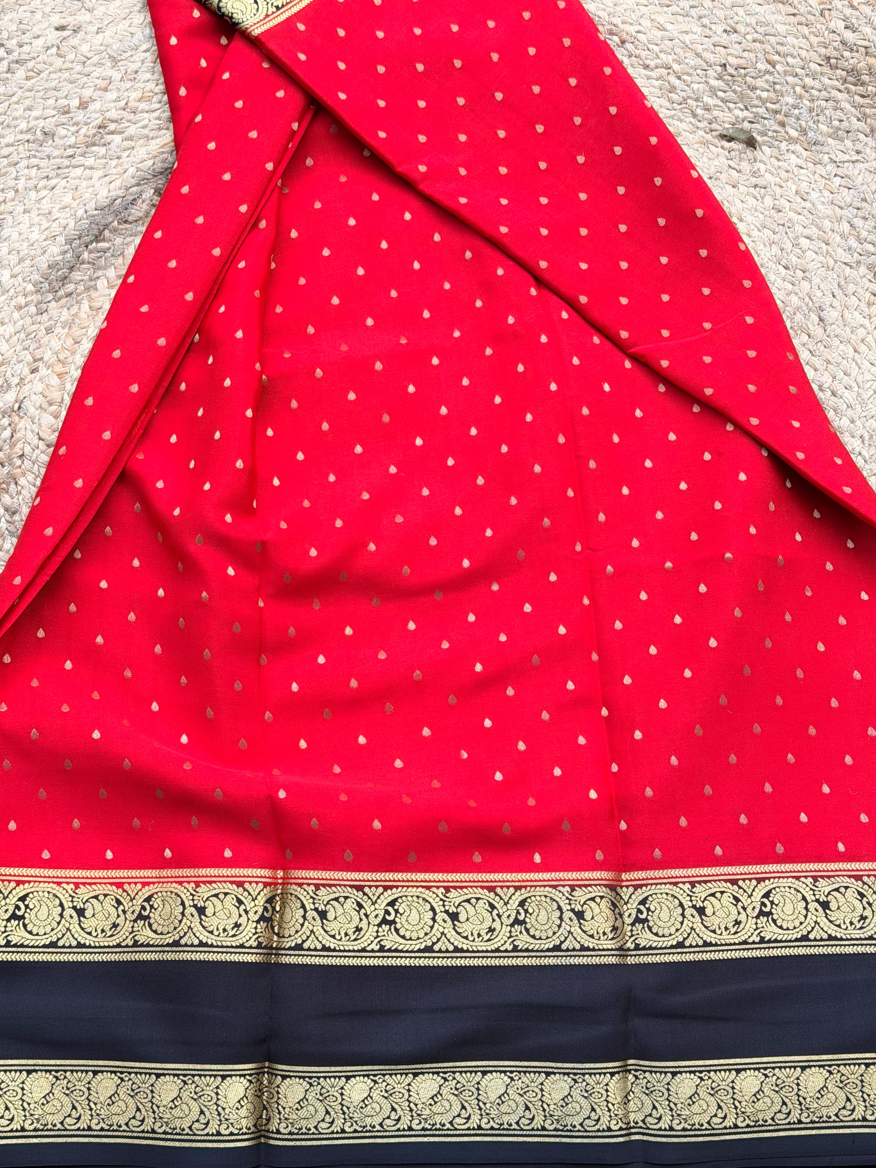 Red and black 1000 butta pure crepe Mysore silk 120 gsm