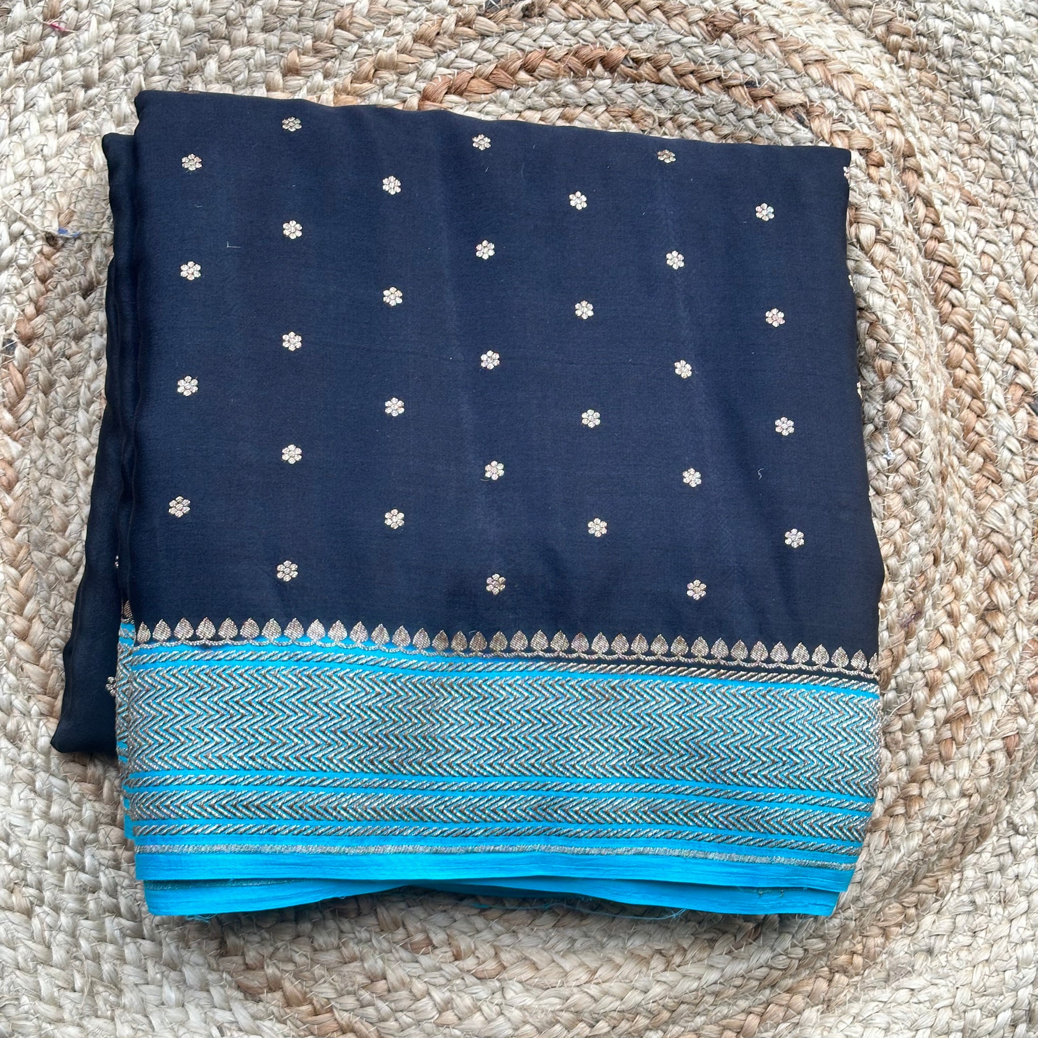 Black and sky blue pure crepe Banaras silk sarees