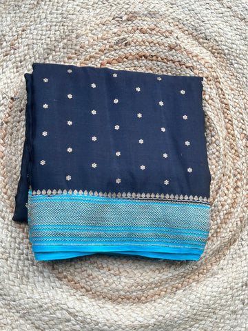 Black and sky blue pure crepe Banaras silk sarees