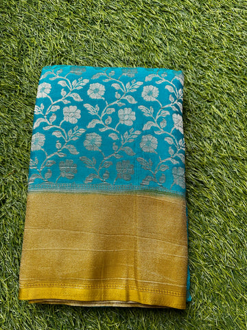 Designer georgette jaal pattern sea blue with mustard.