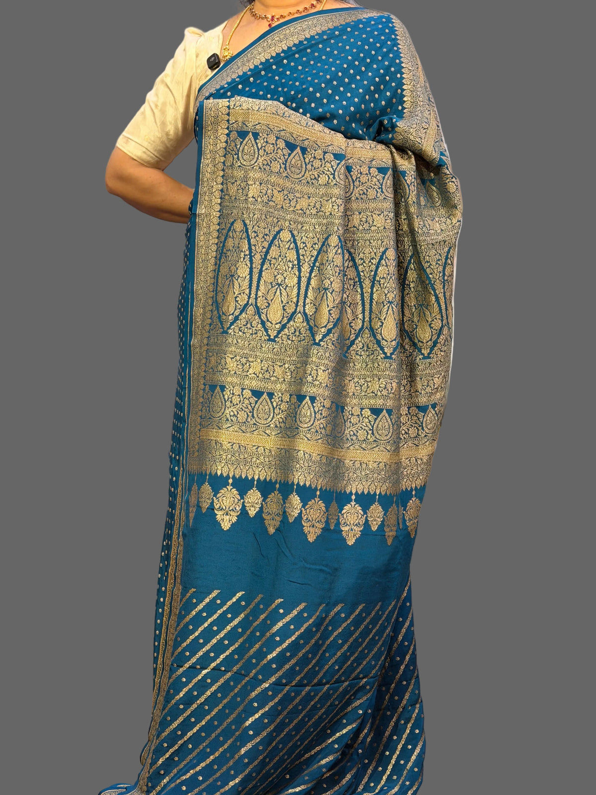 Peacock blue mango border pure benarasi crepe silk saree