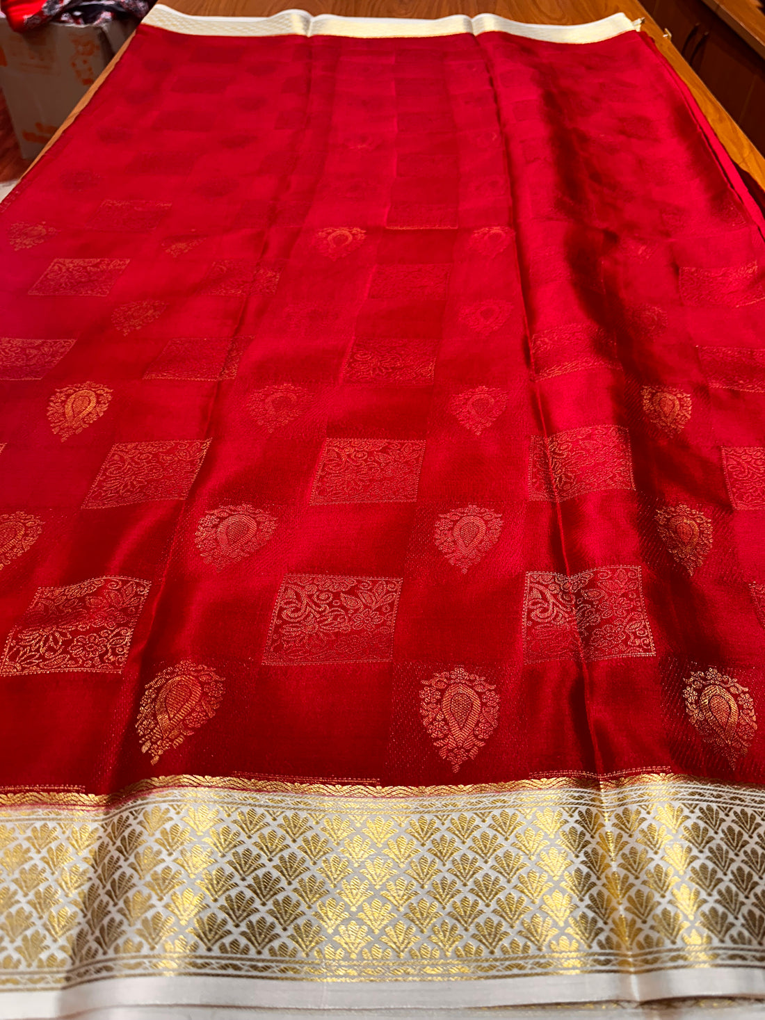 Red  with cream border, pure crepe Mysore Silk 120 gsm