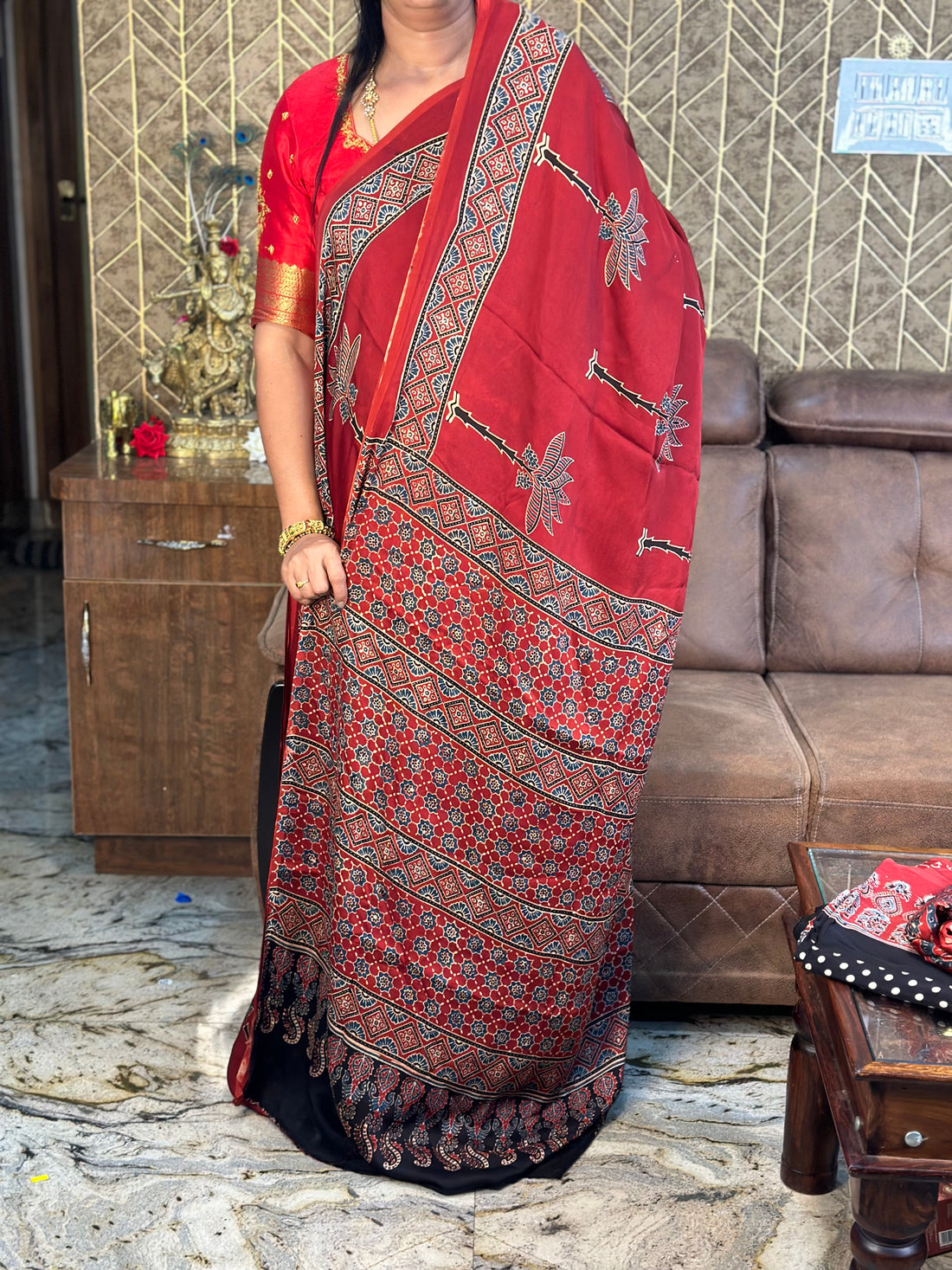 Brick red pure modal silk sarees.