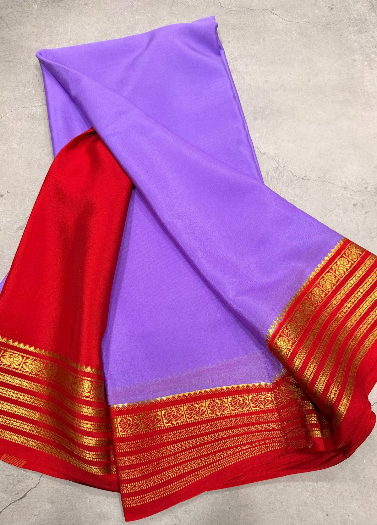 Lilac stripes border pure Mysore silk crepe saree