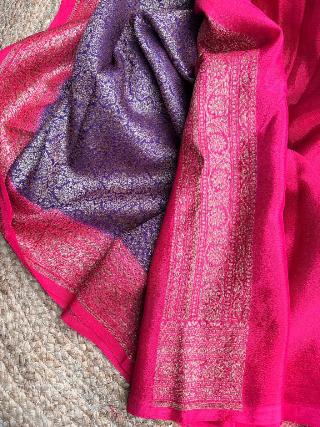 Purple n pink semi Banarasi crepe saree