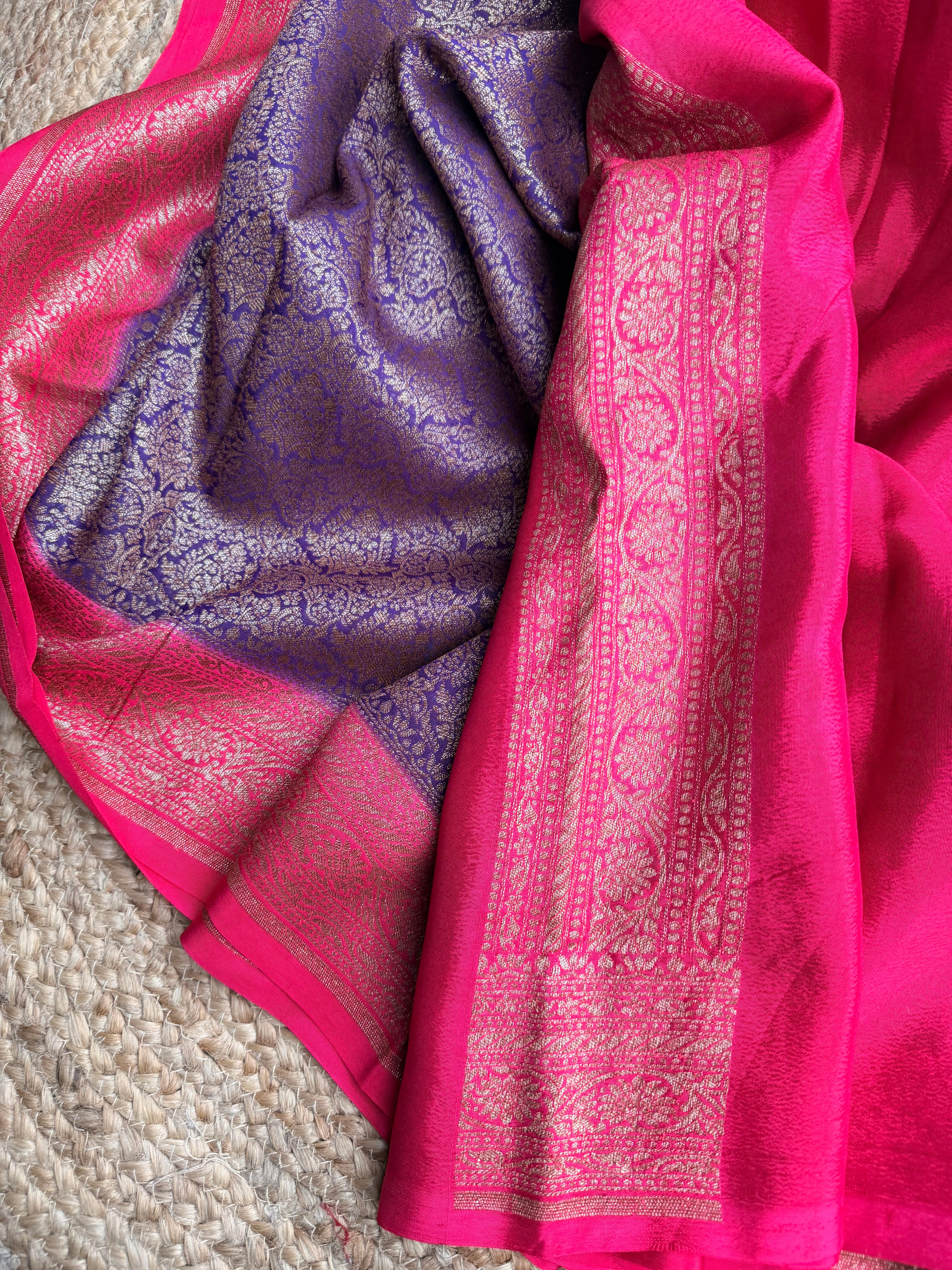 Purple n pink semi Banarasi crepe saree