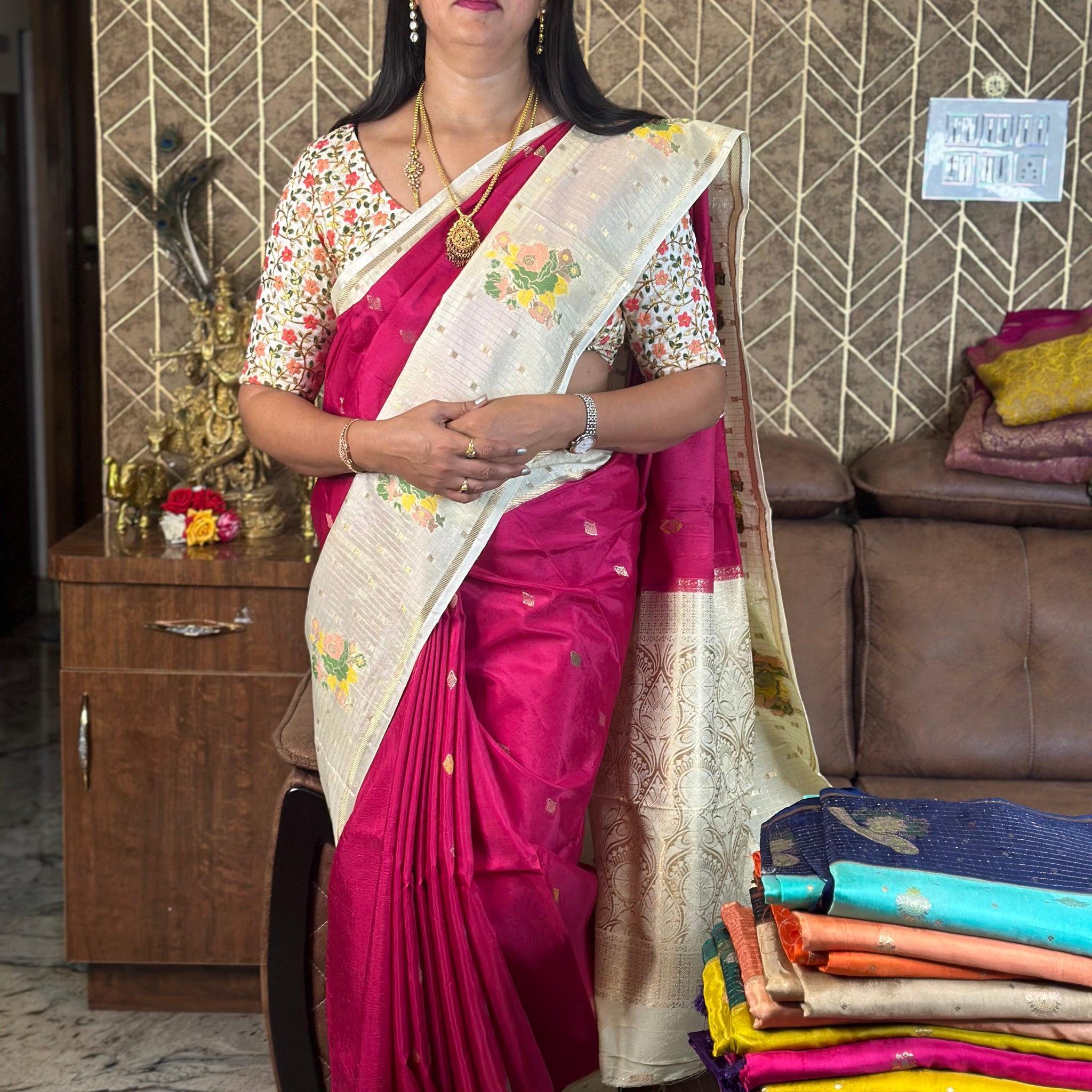 Rani pink and white dola silk saree.