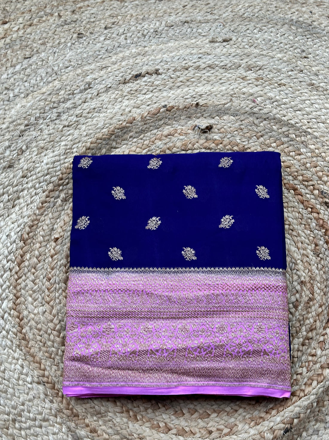 Deep blue with baby pink pure crepe Banaras sarees
