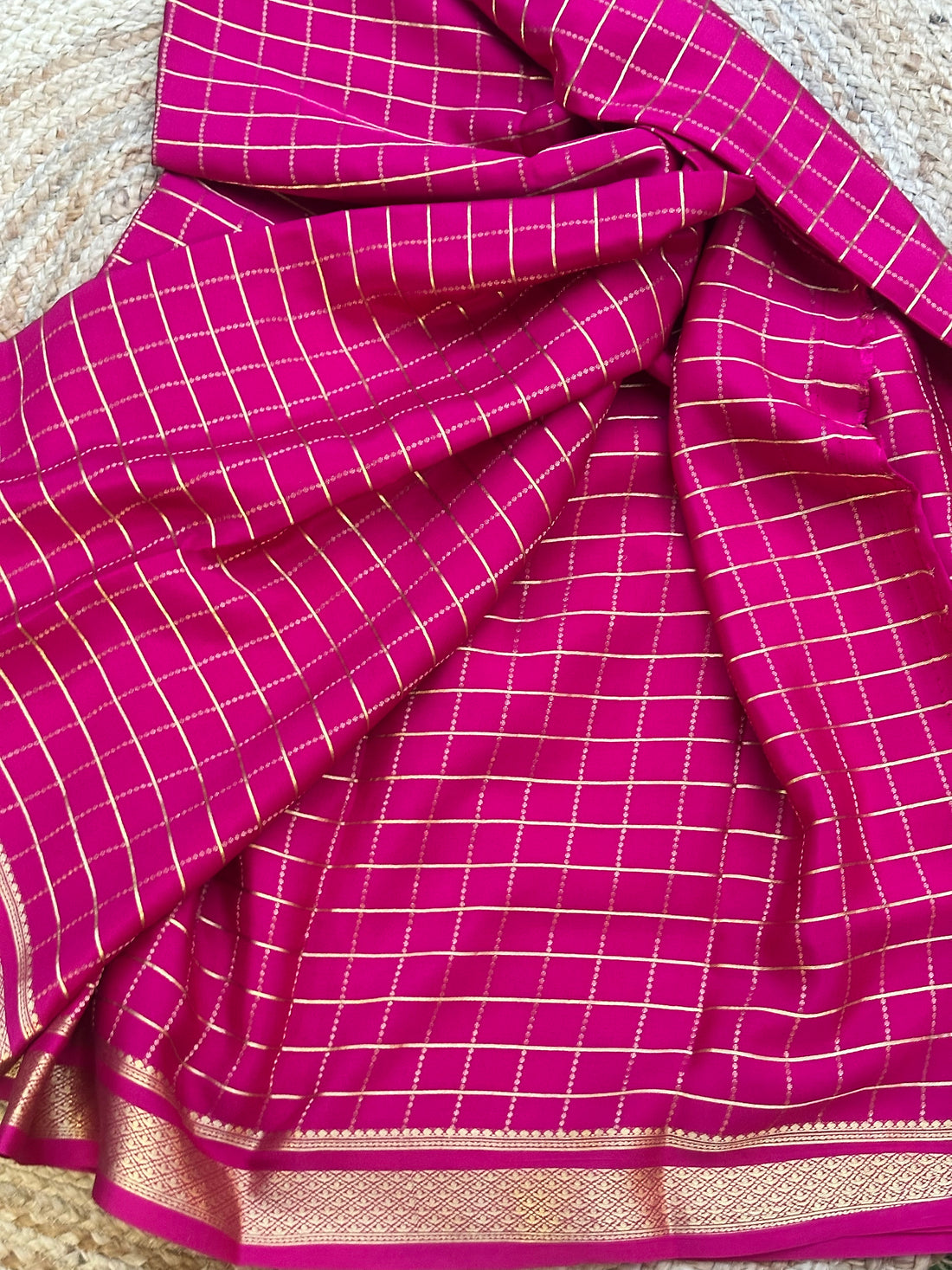 Rani pink checks pure crepe Mysore Silk sarees 120 gsm
