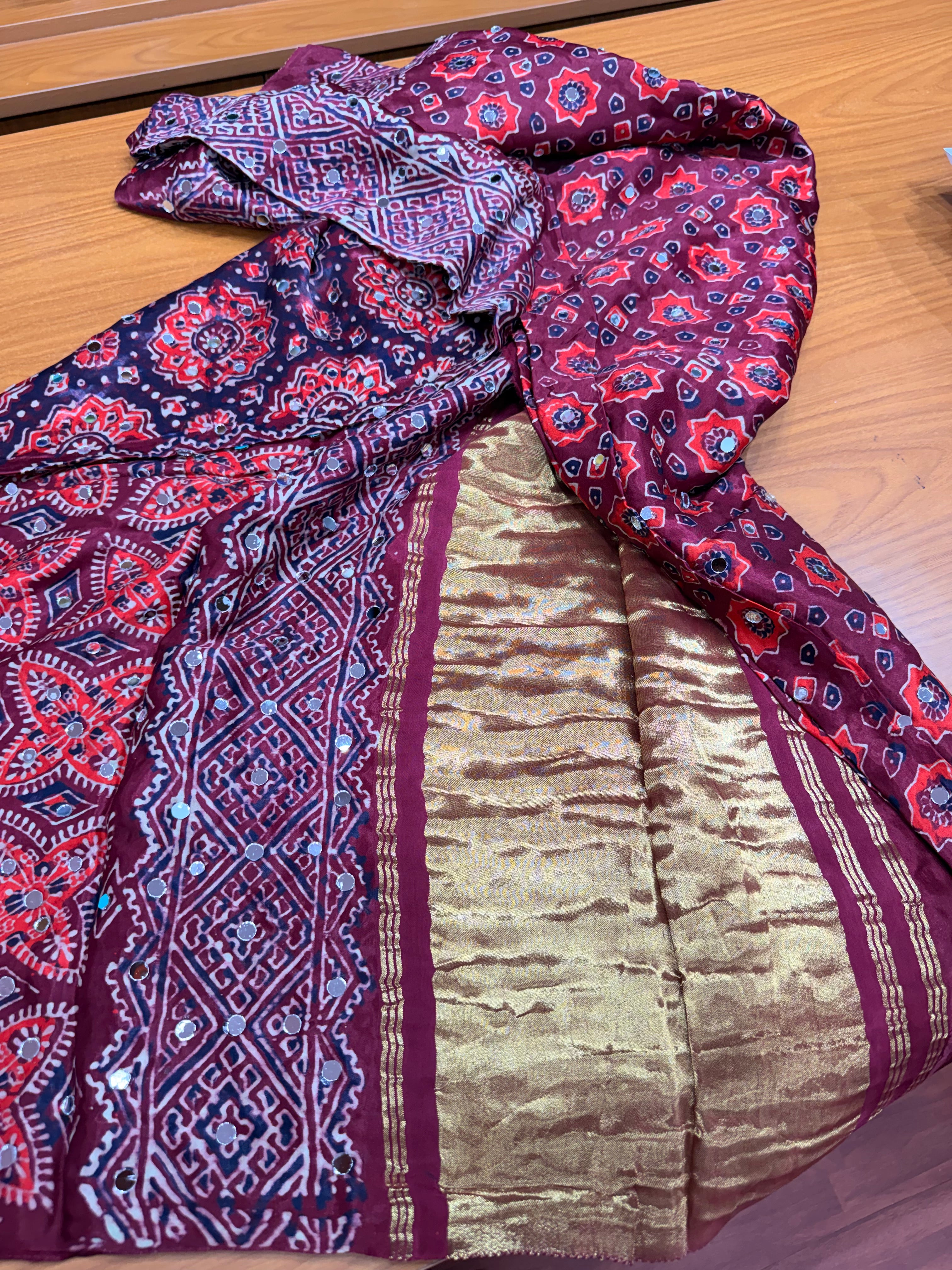 Maroon Pure ajrak mirror work saree with tissue pallu
