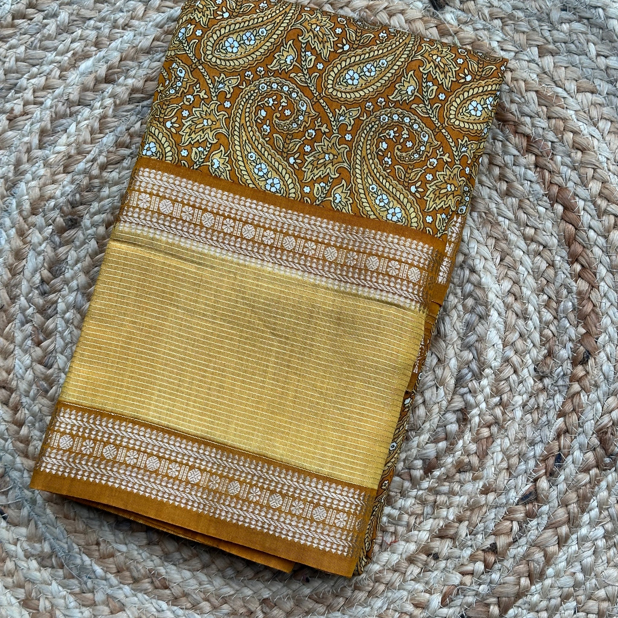 Mustard digital semi crepe with bentex border