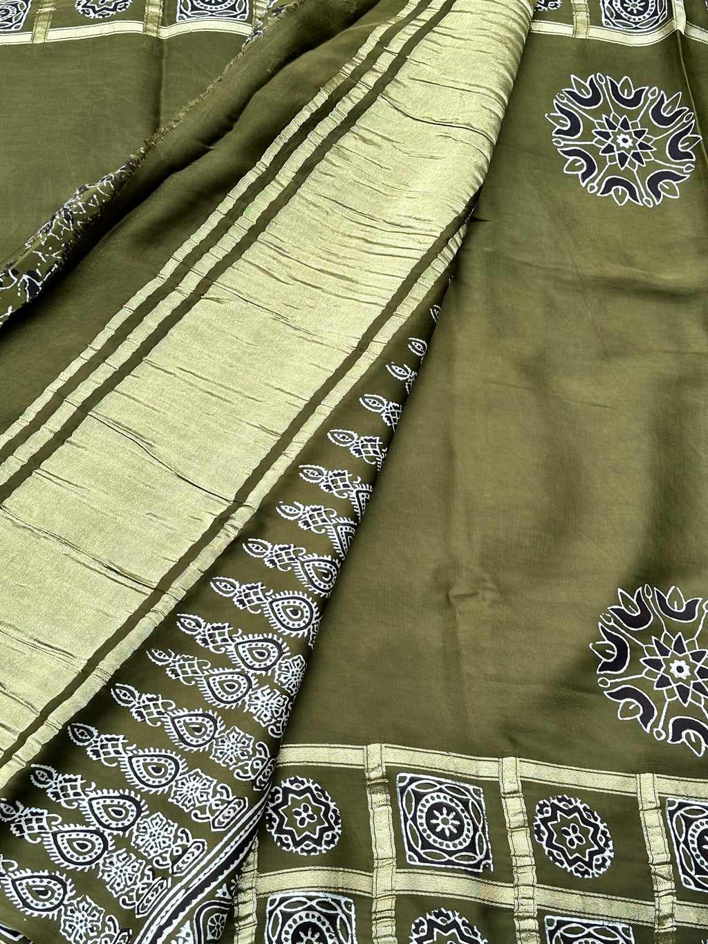 Leaf green pure Ajrak modal silk sarees with Ajrak blouse