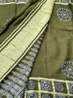 Leaf green pure Ajrak modal silk sarees with Ajrak blouse