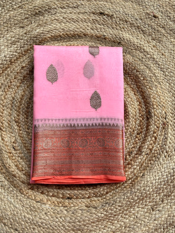 Peach with orange pure Kora organza hand woven silk sarees