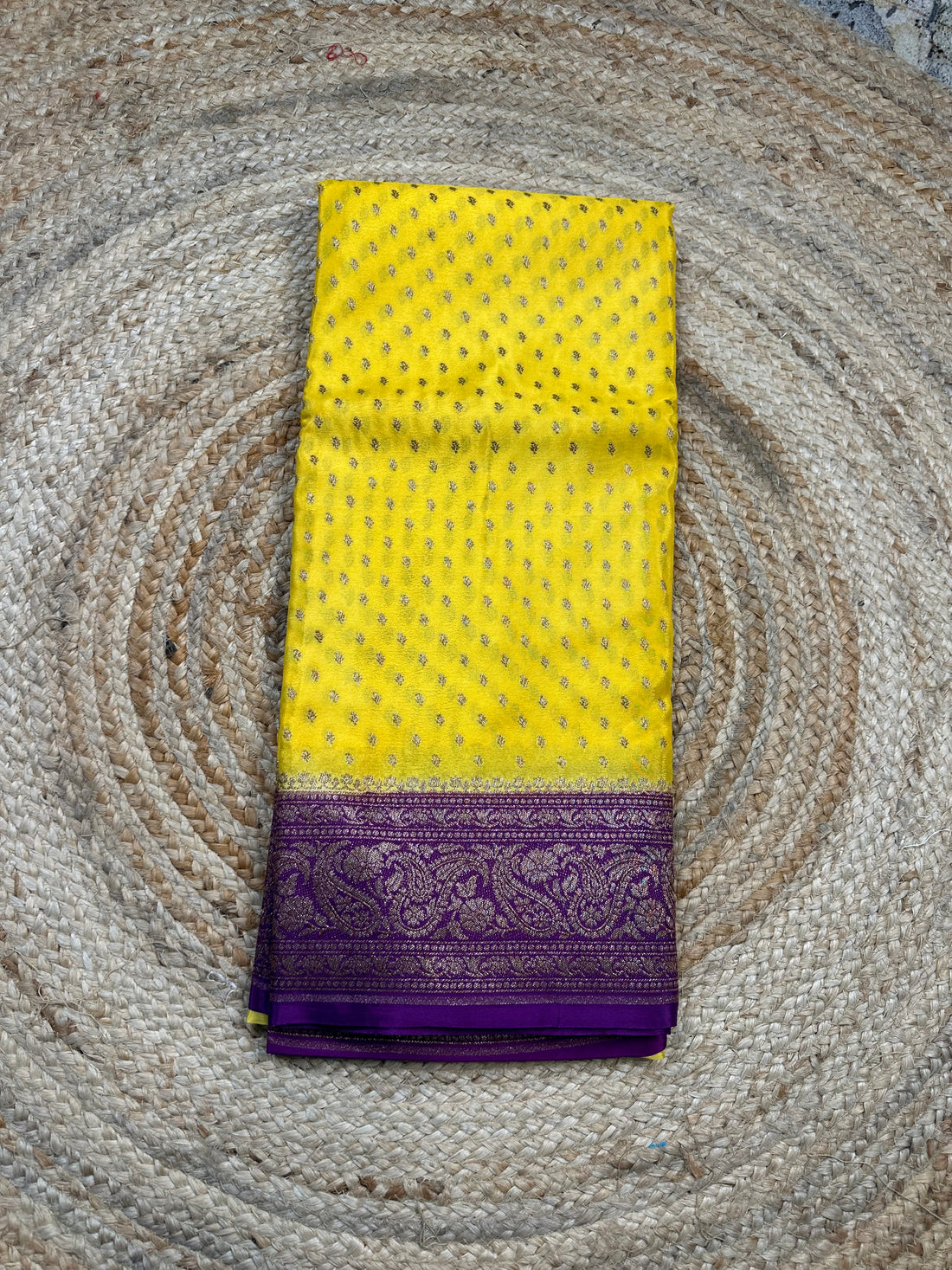 Yellow and violet crepe chiffon sarees.