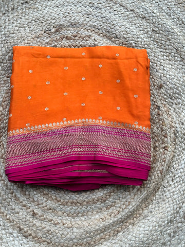 Orange and pink pure crepe Banaras silk sarees