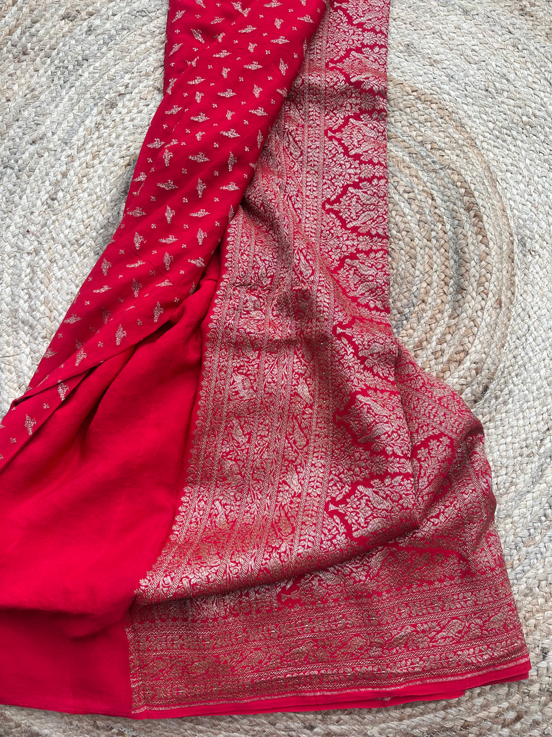 Red pure crepe Banaras sarees with brocade jaal blouse