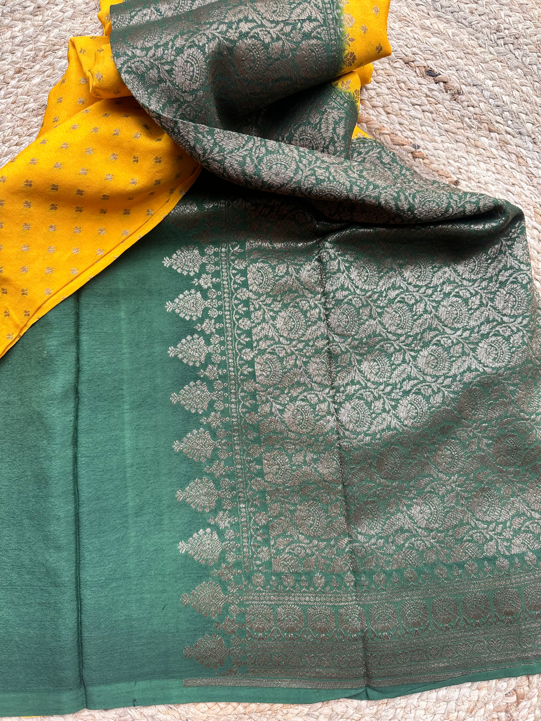 Deep yellow and green, pure crepe chiffon Banarasi sarees