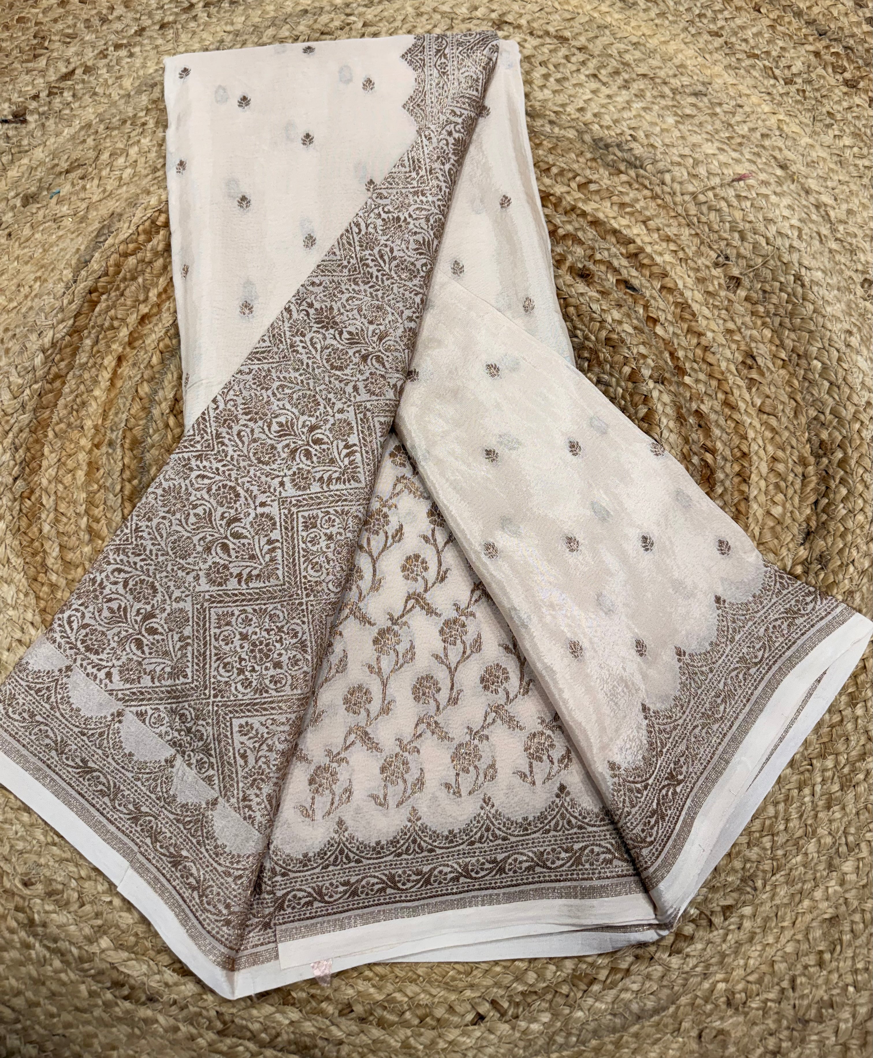 Cream pure Banarasi crepe saree