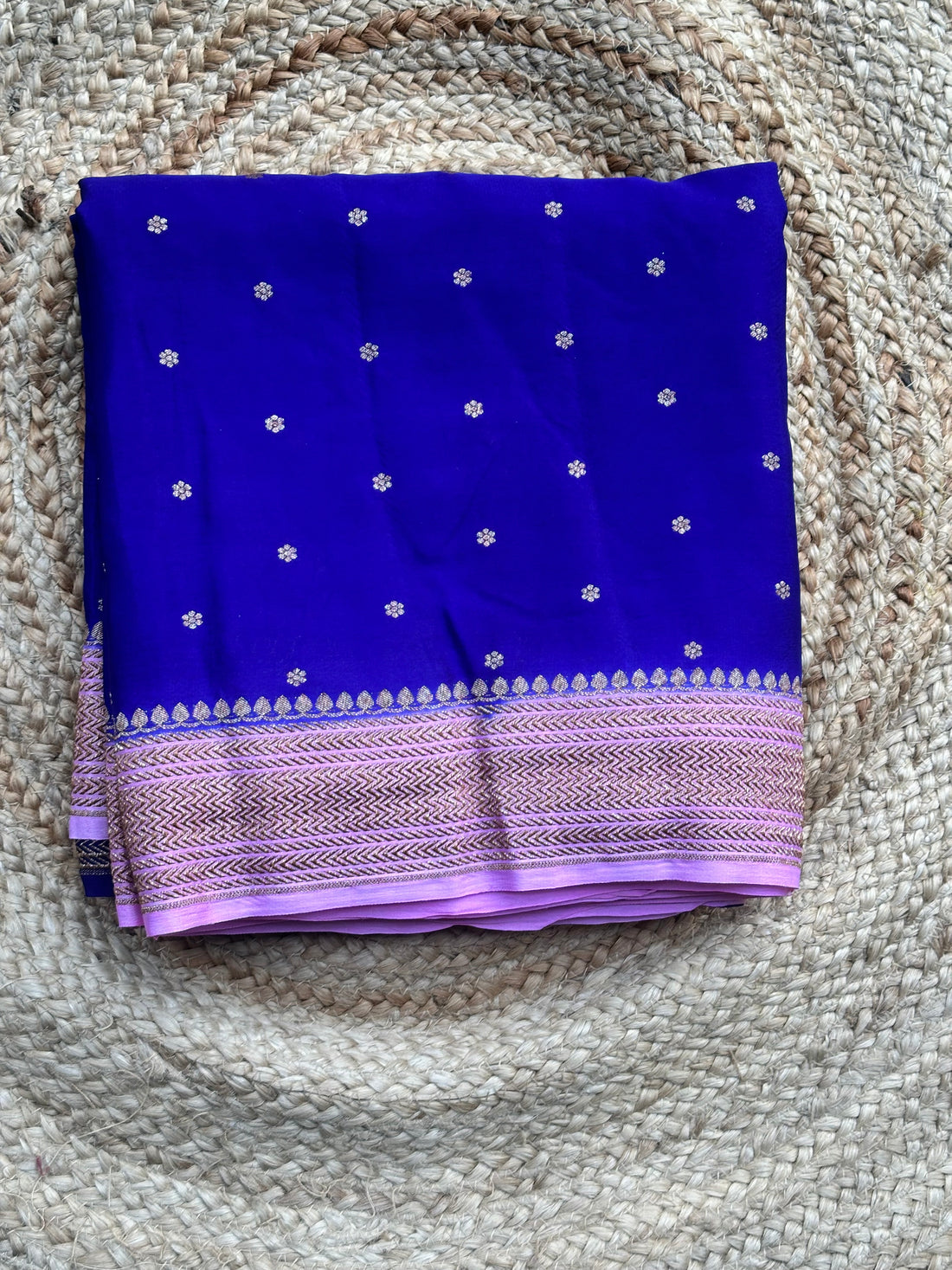 Dark blue with baby pink pure crepe Banaras sarees