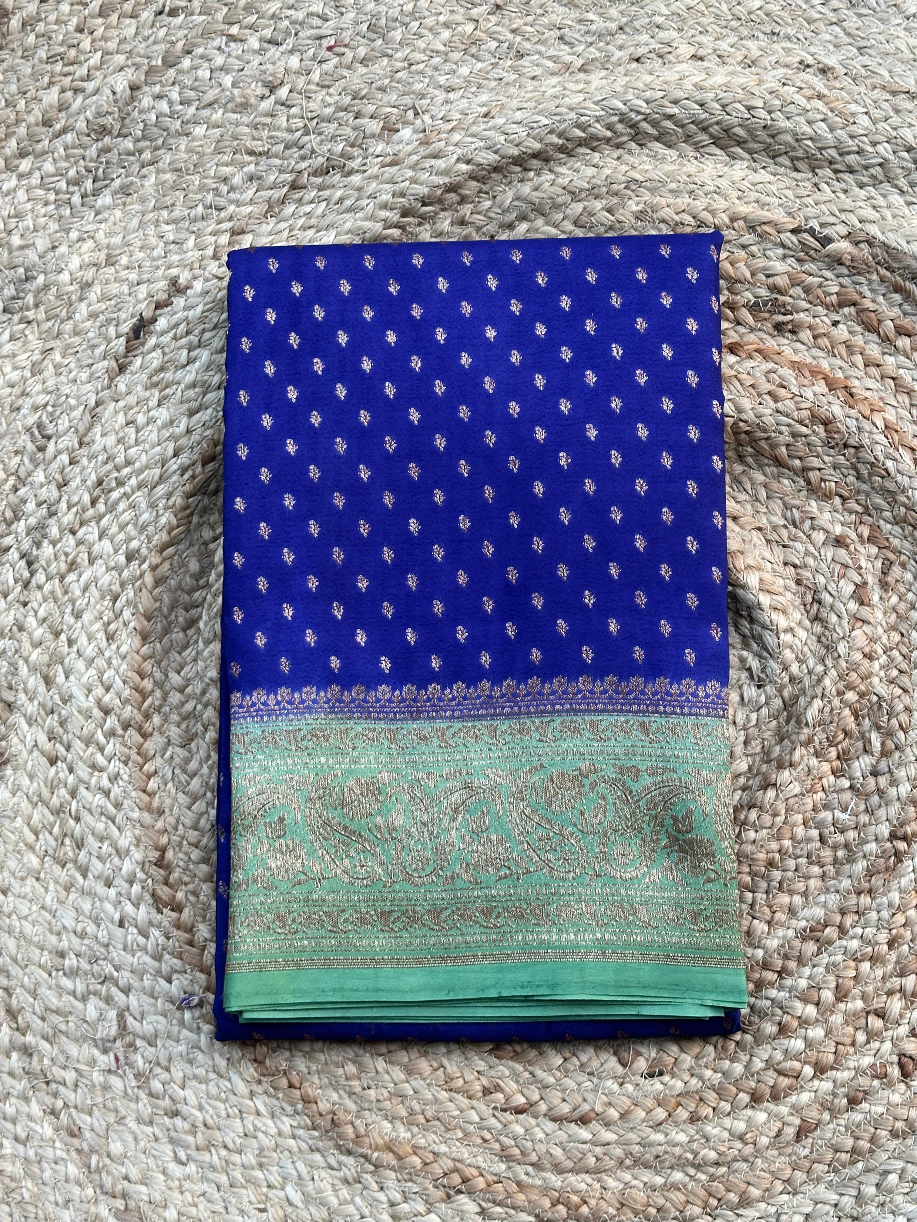 Deep purple and mint green crepe chiffon Banarasi sarees