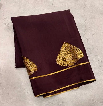 Dark brown  leaf big butta pure Mysore silk crepe saree