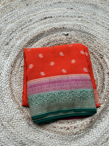 Orange with pink and green pure crepe Banaras sarees