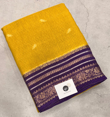 Yellow contrast border checks Dola crepe saree